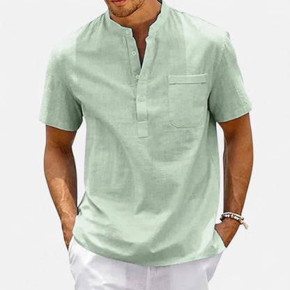 Masimon | Men’s Cotton‑Linen Henley Short‑Sleeve Shirt – Breathable Beachwear with Chest Pocket