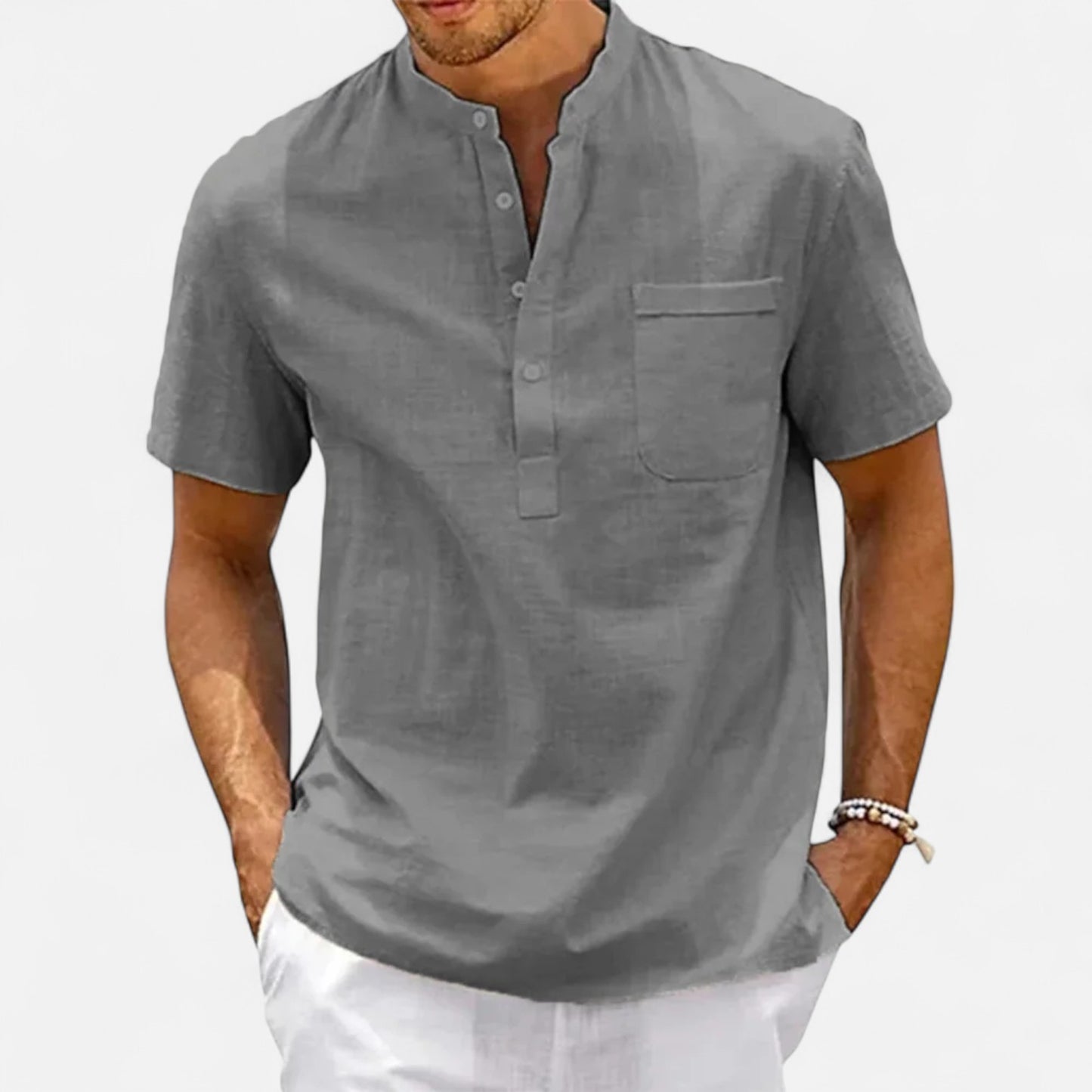 Masimon | Men’s Cotton‑Linen Henley Short‑Sleeve Shirt – Breathable Beachwear with Chest Pocket