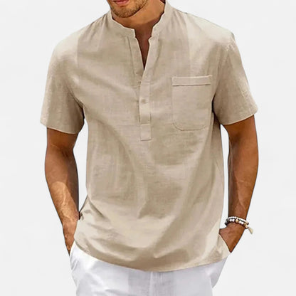 Masimon | Men’s Cotton‑Linen Henley Short‑Sleeve Shirt – Breathable Beachwear with Chest Pocket