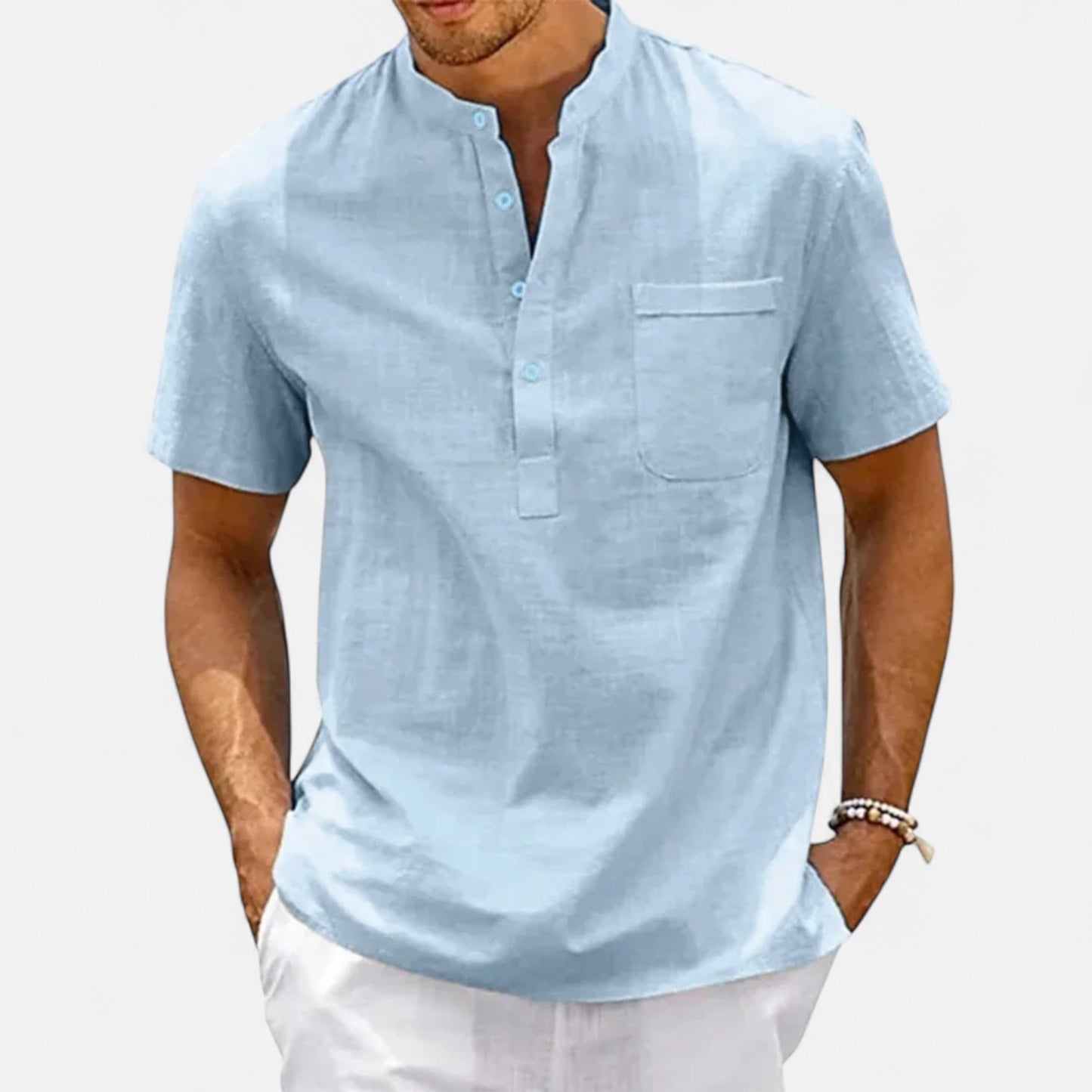Masimon | Men’s Cotton‑Linen Henley Short‑Sleeve Shirt – Breathable Beachwear with Chest Pocket