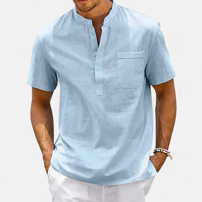 Masimon | Men’s Cotton‑Linen Henley Short‑Sleeve Shirt – Breathable Beachwear with Chest Pocket