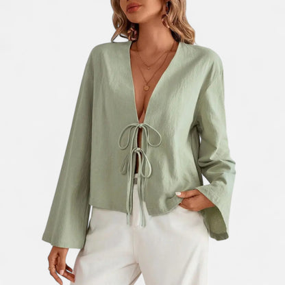 Masimon | Women’s Long‑Sleeve Bow‑Tie V‑Neck Blouse – Lightweight Breathable Fabric, Effortless Elegance