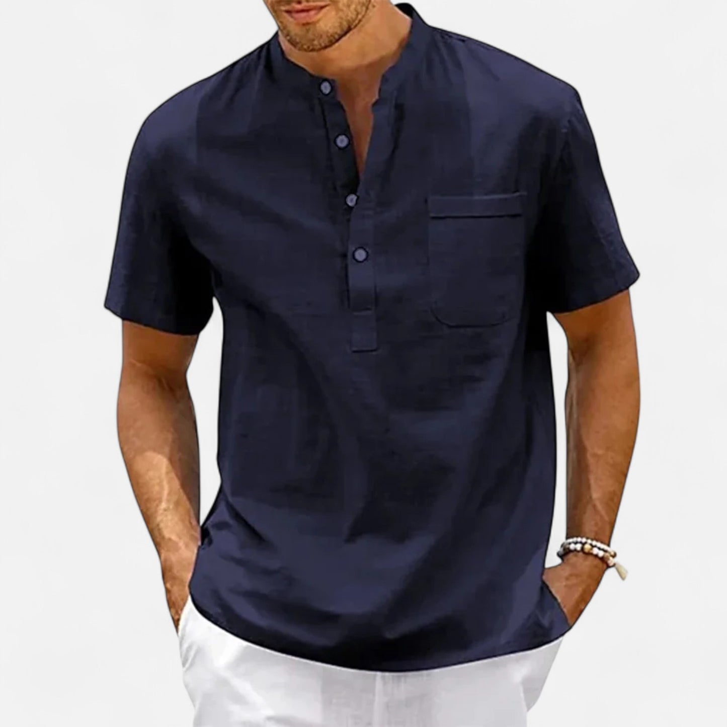 Masimon | Men’s Cotton‑Linen Henley Short‑Sleeve Shirt – Breathable Beachwear with Chest Pocket