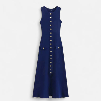 Masimon | Women’s Long Knitted Maxi Dress with Round Neck – Sleeveless Fine Knit with Faux Pockets