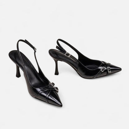 Masimon | Women’s Patent-Black Buckled Stilettos – Sleek High-Heel Elegance for Evening Affairs