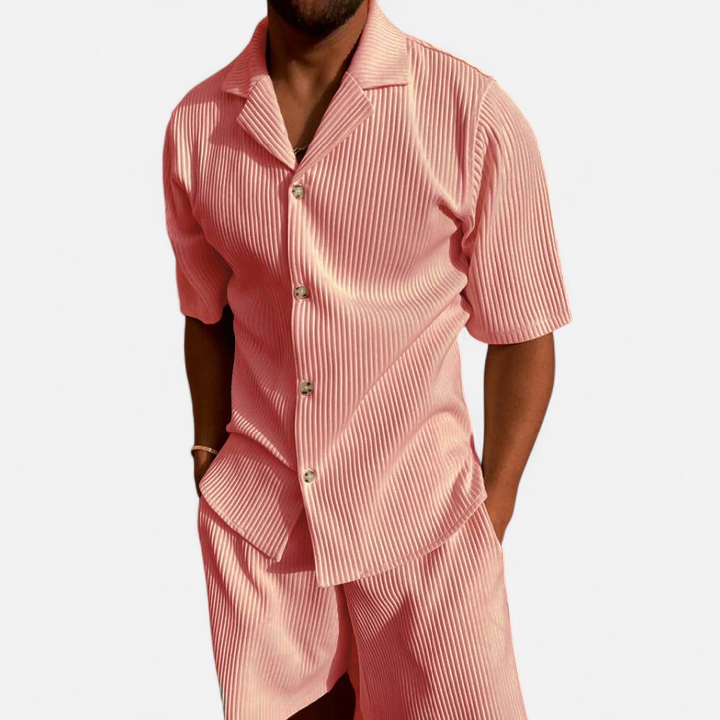 Masimon | Men’s Solid Corduroy Short‑Sleeve Shirt & Shorts Set – Stretch Casual Outfit