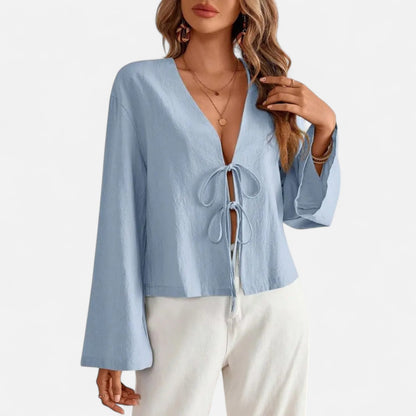 Masimon | Women’s Long‑Sleeve Bow‑Tie V‑Neck Blouse – Lightweight Breathable Fabric, Effortless Elegance
