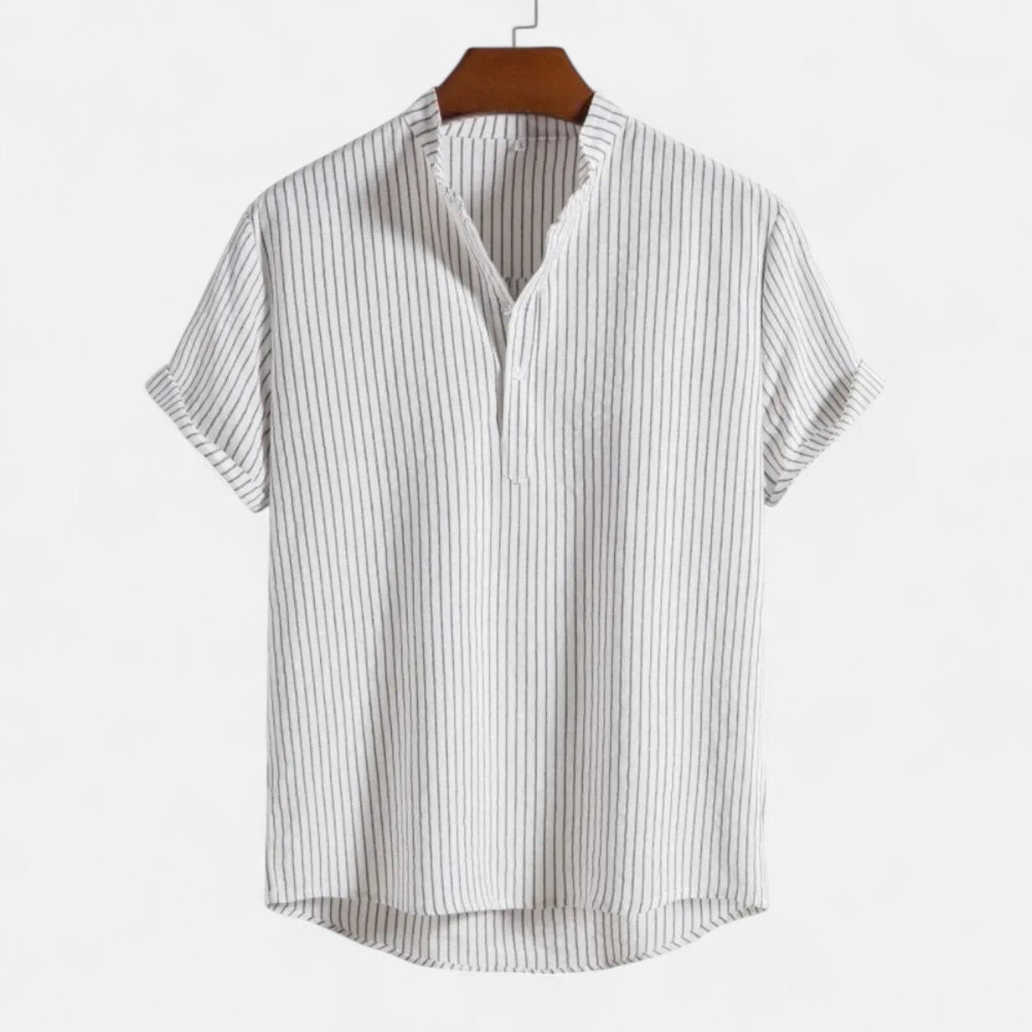 Masimon | Men’s Cotton-Linen Hawaiian Henley Shirt – Striped Graphic Short-Sleeve Beachwear