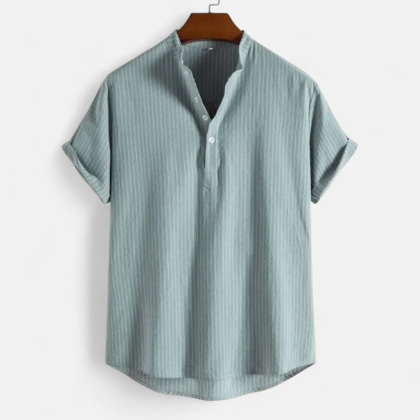 Masimon | Men’s Cotton-Linen Hawaiian Henley Shirt – Striped Graphic Short-Sleeve Beachwear