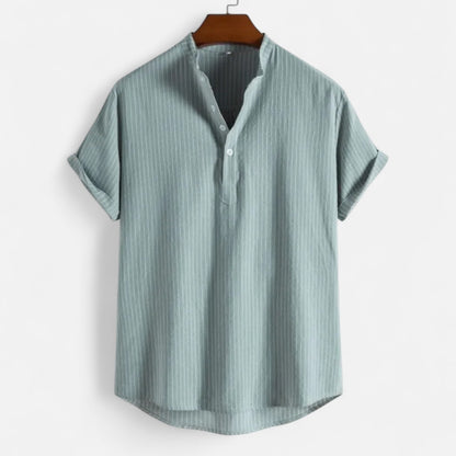 Masimon | Men’s Cotton-Linen Hawaiian Henley Shirt – Striped Graphic Short-Sleeve Beachwear