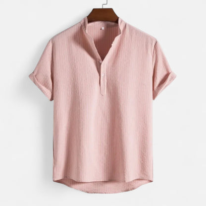 Masimon | Men’s Cotton-Linen Hawaiian Henley Shirt – Striped Graphic Short-Sleeve Beachwear