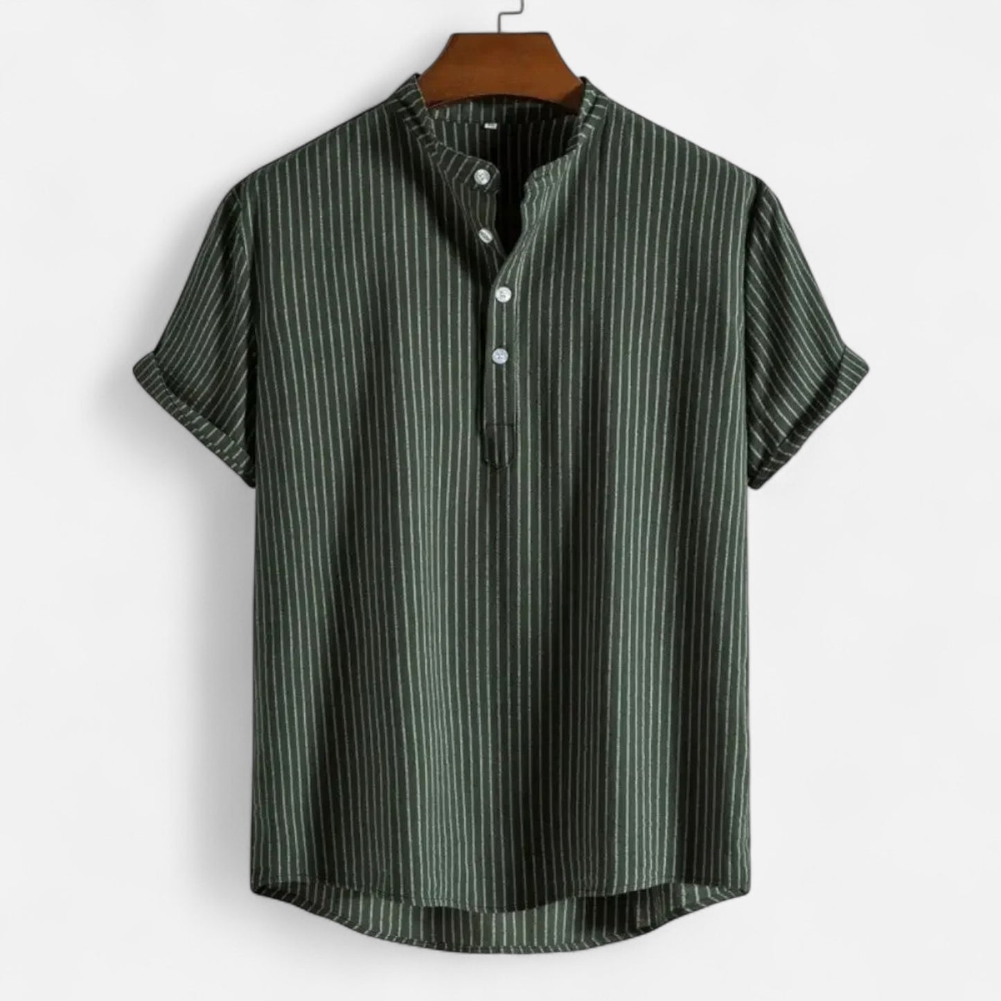 Masimon | Men’s Cotton-Linen Hawaiian Henley Shirt – Striped Graphic Short-Sleeve Beachwear