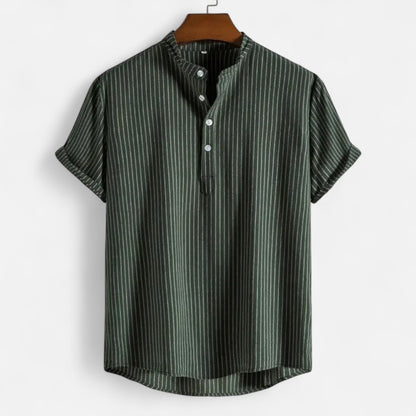 Masimon | Men’s Cotton-Linen Hawaiian Henley Shirt – Striped Graphic Short-Sleeve Beachwear
