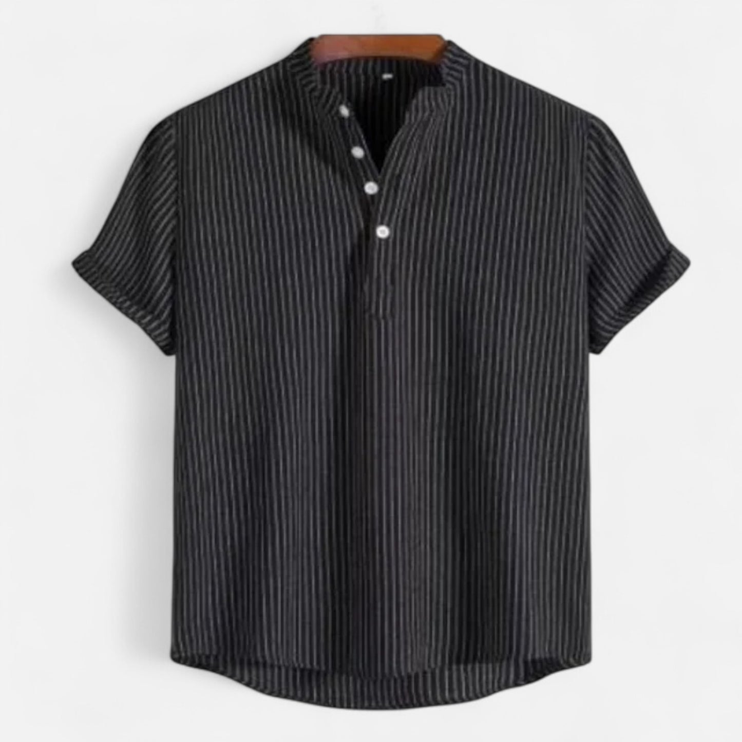 Masimon | Men’s Cotton-Linen Hawaiian Henley Shirt – Striped Graphic Short-Sleeve Beachwear