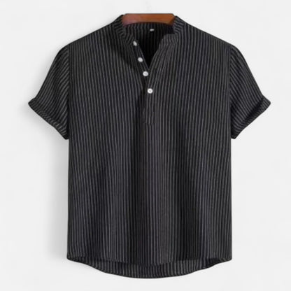 Masimon | Men’s Cotton-Linen Hawaiian Henley Shirt – Striped Graphic Short-Sleeve Beachwear