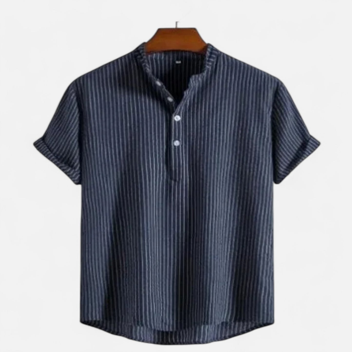 Masimon | Men’s Cotton-Linen Hawaiian Henley Shirt – Striped Graphic Short-Sleeve Beachwear