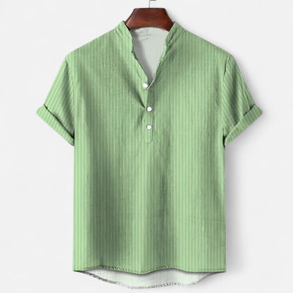 Masimon | Men’s Cotton-Linen Hawaiian Henley Shirt – Striped Graphic Short-Sleeve Beachwear