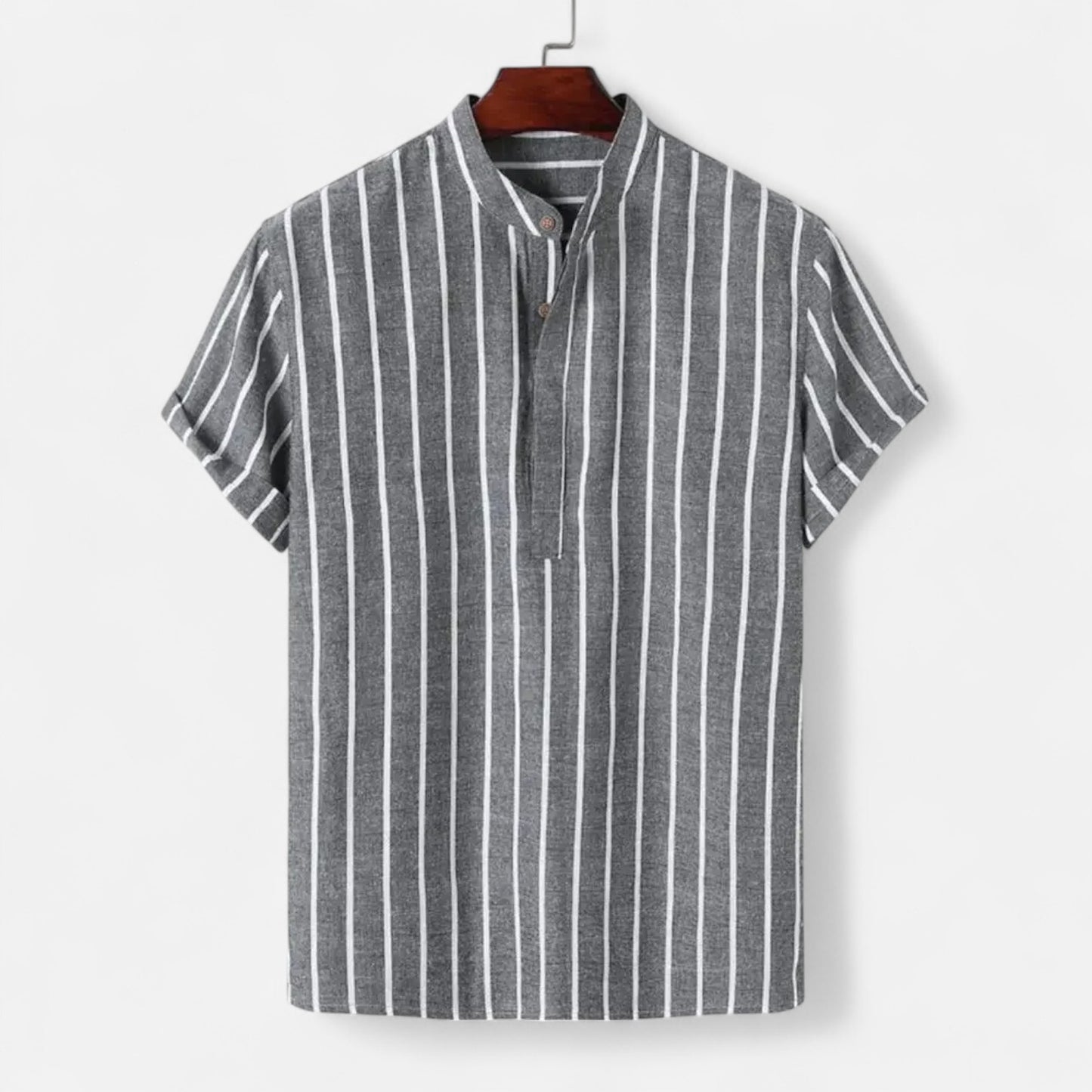 Masimon | Men’s Cotton-Linen Hawaiian Henley Shirt – Striped Graphic Short-Sleeve Beachwear