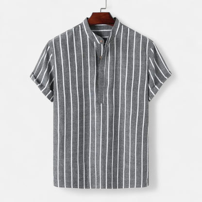 Masimon | Men’s Cotton-Linen Hawaiian Henley Shirt – Striped Graphic Short-Sleeve Beachwear
