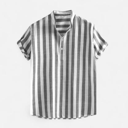 Masimon | Men’s Cotton-Linen Hawaiian Henley Shirt – Striped Graphic Short-Sleeve Beachwear
