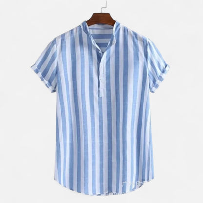 Masimon | Men’s Cotton-Linen Hawaiian Henley Shirt – Striped Graphic Short-Sleeve Beachwear