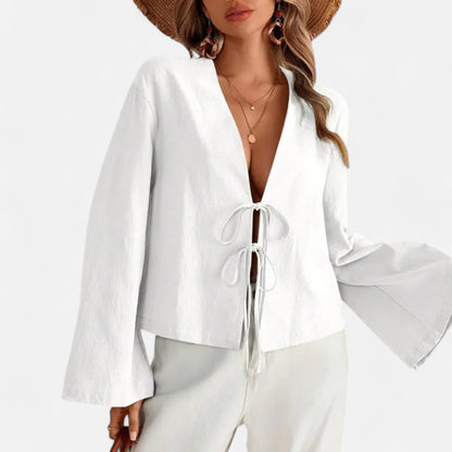Masimon | Women’s Long‑Sleeve Bow‑Tie V‑Neck Blouse – Lightweight Breathable Fabric, Effortless Elegance