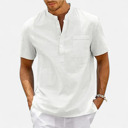 Masimon | Men’s Cotton‑Linen Henley Short‑Sleeve Shirt – Breathable Beachwear with Chest Pocket